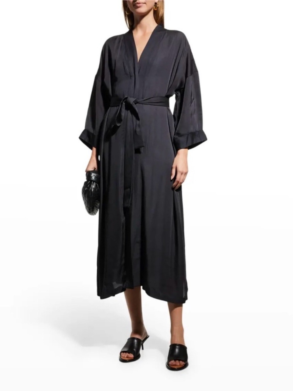 LAUDE the Label Black Satin Long Robe with Waist Tie